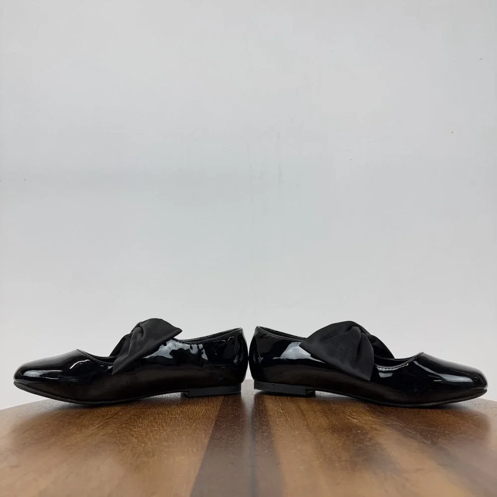 Big Kids Nordstrom‎ Posey Black Faux Patent Leather Bow Mary Jane Flats Size 1 Y